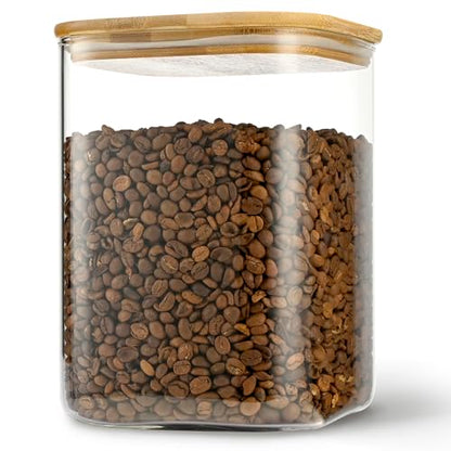 D2scrma 115oz Airtight Glass Square Storage Canister with Bamboo Lid Set of 1 (3400ml) Gallon Glass Jars Large Kitchen Canister for Sugar, Flour, Cookies and Coffee beans (‎with Black Lable) - size: 115oz*1