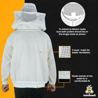 3-Layer Ventilated Mesh Bee Jacket for Men & Women with Veils Sting-Proof Beekeeping Jacket with Leather Gloves & Bag - color: White Round Veil, size: XX-Large