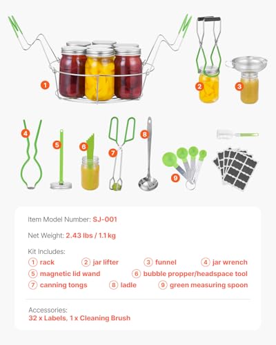 VEVOR Canning Supplies Starter Kit, 9 Pieces Stainless Steel Water Bath Canning Kit for Beginners, Canning Tools Set: Rack, Ladle, Measuring Spoon, Funnel, Tongs, Jar Lifter, Jar Wrench - size: 9PCS+