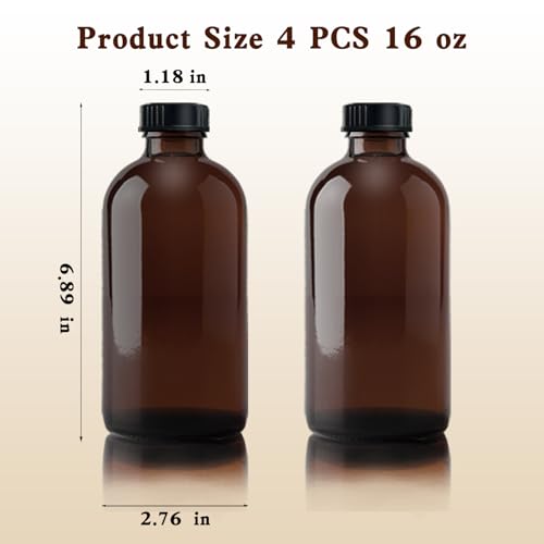 4Pcs 16 oz Amber Glass Bottle Brown Round Bottles with Caps, for Vanilla Extract Homemade, for Syrup Gift Glass Food Storage Canister Set, Sauce Beans, Essential Oil - color: 16 Ounce