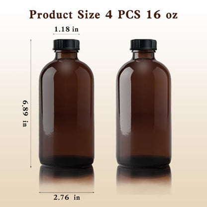 4Pcs 16 oz Amber Glass Bottle Brown Round Bottles with Caps, for Vanilla Extract Homemade, for Syrup Gift Glass Food Storage Canister Set, Sauce Beans, Essential Oil - color: 16 Ounce