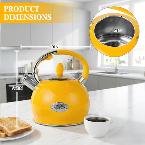 SUSTEAS Stove Top Whistling Tea Kettle - Food Grade Stainless Steel Teakettle Teapot with Cool Touch Ergonomic Handle, With 1 Silicone Pinch Mitt Included, 2.64 Quart,YELLOW - color: Yellow