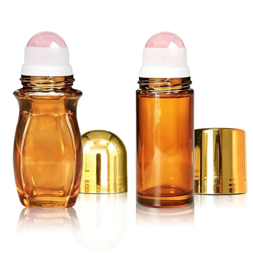 2 Pack Rose Quartz Roller Waisted & Straight Bottles for Oils, 50ml Refillable Amber Glass Roll On Bottles with Natural Crystal Roller Balls, Leak-Proof Travel Perfume Bottle with Gold Caps - size: 2 Pack