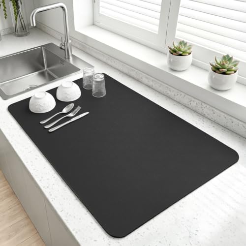LOPNUR Kitchen Dish Drying Mat, 24"x16" Large Dish Drying Mats for Kitchen Counter, Diatomite Coffee Mat, Super Absorbent Dish Drying Pad, Heat Resistant Mat with Anti-slip Rubber Backed, Black - color: Black, size: 24" x 16"
