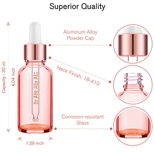 PrettyCare Glass Eye Dropper Bottles 99 Pack, 1oz (30ml) Rose Empty Thick Bottles Bulk with Leakproof Caps - With Labels & Funnels for for Storage, Travel,Essential Oils, DIY Serums - color: 1oz Rose, style: 99 Pack