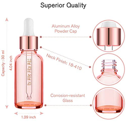 PrettyCare Glass Eye Dropper Bottles 99 Pack, 1oz (30ml) Rose Empty Thick Bottles Bulk with Leakproof Caps - With Labels & Funnels for for Storage, Travel,Essential Oils, DIY Serums - color: 1oz Rose, style: 99 Pack