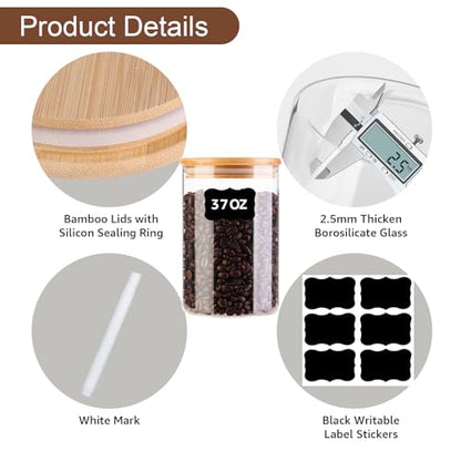 Glass Food Jars with Lids,37oz Glass Storage Containers with Airtight Bamboo Lids,Round Glass Canister Set of 4, Pantry Organizers and Storage for Cookie Flour Oat Pasta Tea Coffee Bean - size: 37oz-Set of 4