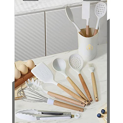 11pcs Silicone Cooking Utensils Spatula Set with Wooden Handle, White Kitchen Gadgets Set for Nonstick Cookware, Include Holder Storage Bucket. - color: Utensil Set