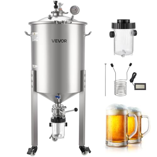 VEVOR Pressure Fermenter 15 PSI, 16 Gal/60L All-in-One Stainless Steel Conical Secondary Fermentation Bucket, with Cooling Tube, Yeast Slurry Collection Bottle, for Wine, Beer Brewing Equipment - size: 16 Gal-Fermenter2.0
