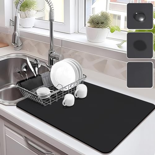 Drying Mat for Kitchen Countertops, Coffee Mat Hide Stain Rubber Backed Absorbent Dish Drying Mat - color: Black, size: 16" x 24"