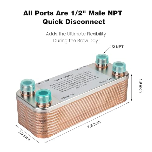 MRbrew Wort Chiller 20 Plates, Brazed Plate Copper Heat Exchanger for Homebrew, Stainless Steel 7.5" x 2.9" Plate, 1/2 NPT Thread Connection Hot Liquid Accelerated Cooler Quick Beer Cooling System - size: 20-plates