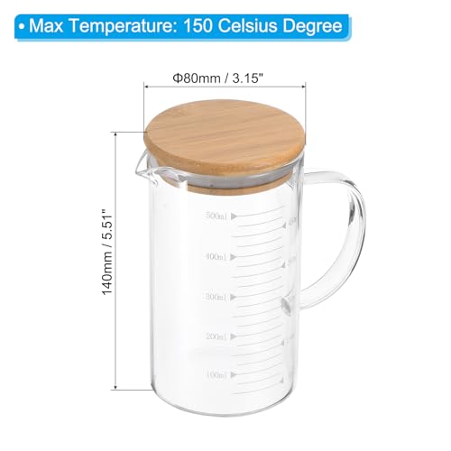 PATIKIL 500ml Glass Measuring Cup, 2 Pack 3.3 Borosilicate Glass Graduated White Printed Scale Liquid Measure Cups Beaker with Wood Lid and V-Shaped Spout for Kitchen - size: 500ml