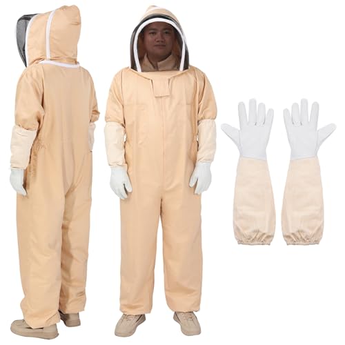 HARFINGTON 2Sets Bee Suit for Men and Women XL Beekeeping Suits Outfit with Glove and Veil Hood Bee Suits for Men Proof Backyard Professional and Beginner Bee Keeper Thick, Apricot - color: Apricot, size: XL