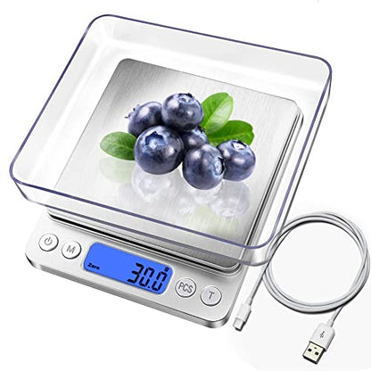 Food Scale, Rechargeable Kitchen Scale with Trays 3000g/0.1g, Mini Scale with Tare Function Digital Scale Grams and Ounces for Weight Loss, Dieting, Cooking, Meal Prep, Coffee, Jewelry