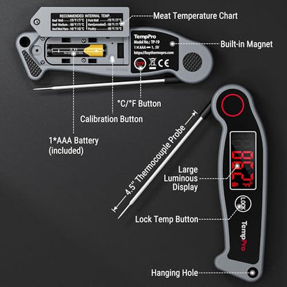 TempPro TP19 Waterproof Digital Meat Thermometer for Grilling with Ambidextrous Backlit & Thermocouple Instant Read Kitchen Cooking Food Thermometer for Candy Water Grill Smoker (Previously ThermoPro) - color: Grey