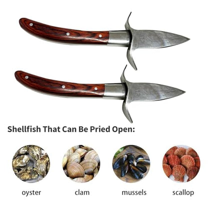 Oyster Shucker, Oyster Shucking Knife for Oyster Clam Pearl Shell Shucking, 2 Set Oyster Shucking Tool Kit, 2 Stainless Steel Oyster Knifes with Wooden Handle 2 Pairs Oyster Shucking Gloves