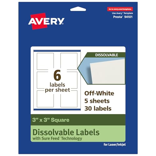 Avery Dissolvable Square Labels, Sure Feed Technology, 3" x 3", Matte White, Print-to-The-Edge, Laser/Inkjet Printable, 30 Labels Total - style: 30 labels
