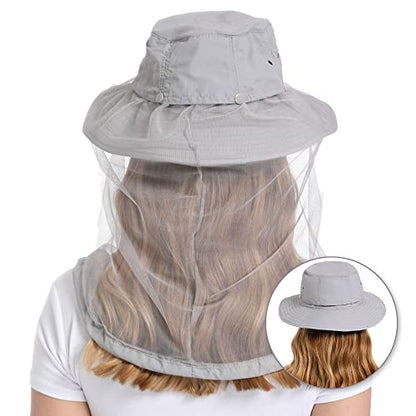 Mosquito Head Net Hat - Bug Cap UPF 50+ Sun Protection with Hidden Netting for Beekeeping Hiking Women - color: Light Grey