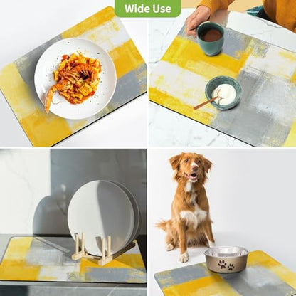 Dish Drying Mat for Kitchen Counter, Yellow and Grey White Abstract Art, Absorbent Quick Dry Pad with Rubber Backing, Dish Rack Pad for Dishes, Utensils, Countertops, Sinks 12" x 20 - color: Yellow and Grey White