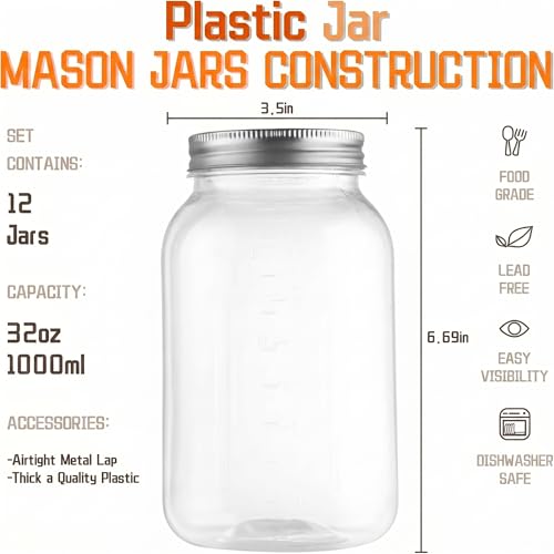 novelinks 32 oz Clear Plastic Jars with Lids and Plastic Mason Jars 32 oz | 12 Pack, Silver, Plastic Quart Containers with Lids, Quart Mason Jars Bulk, Large Jars, Mason Jars for Centerpieces - color: Silver