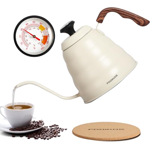 Tea Kettle gooseneck with Thermometer for Pour Over Coffee & Tea, 42 fl oz, Premium Stainless Steel, Accurate Temperature Control, Ideal Spout for Precision Pouring, Compatible with all Stovetop - color: White