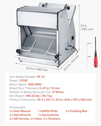 VEVOR Electric Bread Slicer, 370W 1680RPM Bread Slicing C, Stainless Steel Countertop Bread Cutter Machine for 12mm Slice Thickness, Commercial & Home Use for Bakeries Restaurants, 120V - size: Electric