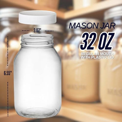 Mason Jars 32-OZ Regular Mouth with PLASTIC Lids, Used for Canning, Pickling, Juice, Jam, Jelly, or DIY Decors and Projects (Pack of 2)