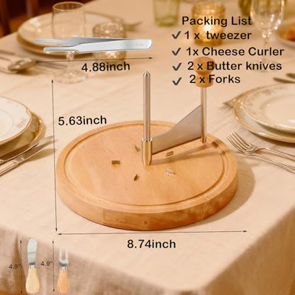 Wooden Cheese Curler Cutter, Stainless Steel Cheese Shaver for Cheese Wheel and Chocolate Block, Manual Cheese Slicer Tools Set with Tweezer for Home Kitchen Commercial Dessert Restaurant Cafe