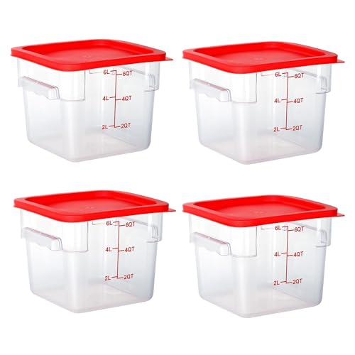 4 Pack 6 Qt Square Polycarbonate Food Storage Containers with Lids | Clear BPA-free PC with lids, side handles, measurement scale and stackable design; for food prep, storage and freezer use. - color: 6Qt