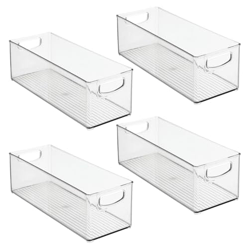 mDesign Plastic Stackable Kitchen Organizer - Storage Bin with Handles for Refrigerator, Freezer, Cabinet, and Pantry Shelves Organization - Food Container - Ligne Collection - 4 Pack - Clear - size: 16 x 5.75 x 5