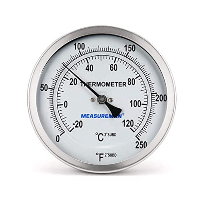 MEASUREMAN Fully Stainless Steel Pot, Kettle, Brewing Bimetal Dial Thermometer, 3" Dial, 6" Stem, 0-250 deg F/-20-120 deg C, -1% Accuracy, Adjustable, 1/2" NPT Back Mount - size: 0-250 deg F/-20-120 deg C, style: 6" Stem