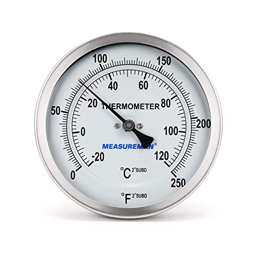MEASUREMAN Fully Stainless Steel Pot, Kettle, Brewing Bimetal Dial Thermometer, 3" Dial, 6" Stem, 0-250 deg F/-20-120 deg C, -1% Accuracy, Adjustable, 1/2" NPT Back Mount - size: 0-250 deg F/-20-120 deg C, style: 6" Stem