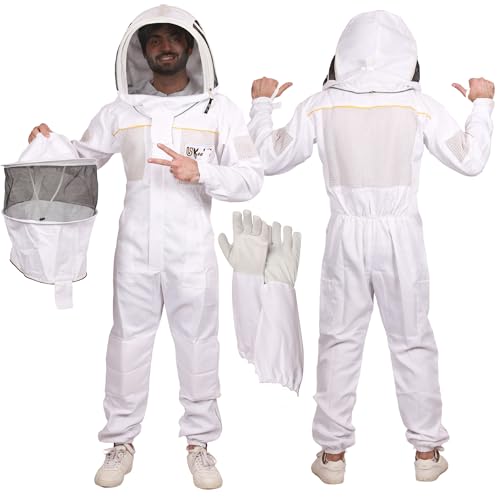 Ultra-Ventilated Polycotton Beekeeping Suit for Men & Women with Gloves & Two Beekeeping Veils-Professional & Beginner Apiarist Suit. (Sv, 4XL) - color: White, size: 4X-Large