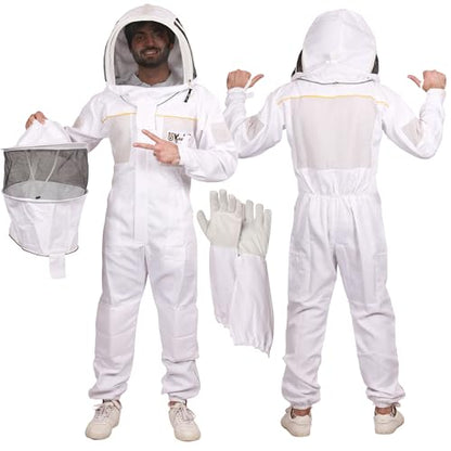 Ultra-Ventilated Polycotton Beekeeping Suit for Men & Women with Gloves & Two Beekeeping Veils-Professional & Beginner Apiarist Suit. (Sv, 3XL) - color: White, size: 3X-Large