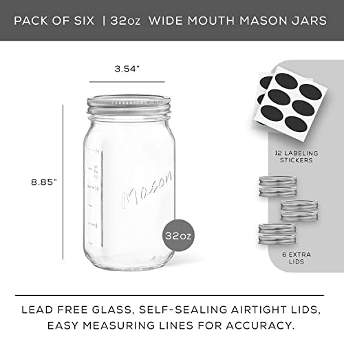 32 Oz Mason Jars With Lids, Labels and Measures! 6-Pack Wide Mouth Mason Jars, Glass Jar with Lid and Band. Airtight Canning Jars, Overnight Oats Jars, Salad Jars, Sourdough Starter Jar