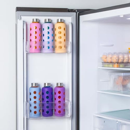 Mrsdry Glass Juice Bottles with Lids and Silicone Sleeves 18 oz, 4-Pack Reusable Clear Glass Water Bottles with Stainless Steel Airtight Cap for Juicing, Refrigerator, BPA Free Leak-Proof Drinking Jar - color: Purple