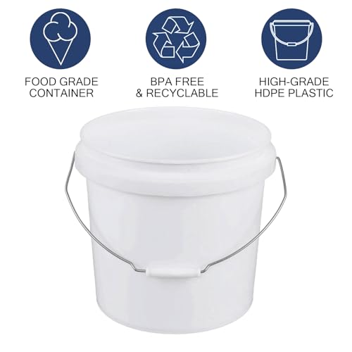 6 Pack 4-Gallon White Bucket with Lid, Food-Grade Bucket Pail | BPA-Free Durable Plastic Pail for Storage and Food Prep, Metal Handle With Plastic Grip, Stackable