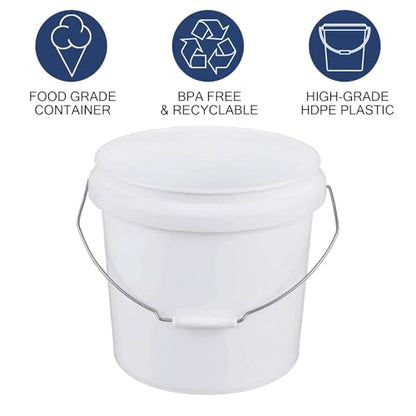 6 Pack 4-Gallon White Bucket with Lid, Food-Grade Bucket Pail | BPA-Free Durable Plastic Pail for Storage and Food Prep, Metal Handle With Plastic Grip, Stackable