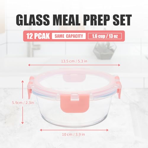 GULFLIN 12 Pack 13oz Small Glass Food Storage Containers with Lids Airtight, Leak-Proof Round Meal Prep Containers Set, Freezer to Microwave Safe, Dishwasher Safe - color: 13oz,12 Pack-Pink Set,Same Size