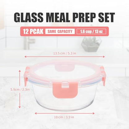 GULFLIN 12 Pack 13oz Small Glass Food Storage Containers with Lids Airtight, Leak-Proof Round Meal Prep Containers Set, Freezer to Microwave Safe, Dishwasher Safe - color: 13oz,12 Pack-Pink Set,Same Size