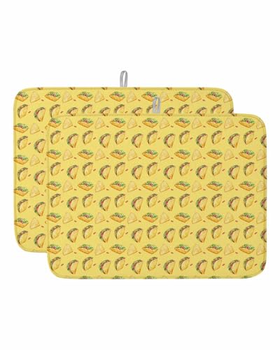 Yellow Tacos Dish Drying Mat, Cheese Vegetables Cartoon Food Absorbent Dish Drying Matt Pad for Kitchen Countertops, Sinks, Dish Drainer Racks, Large 18x24in 2PCS - size: 18x24in 2PCS