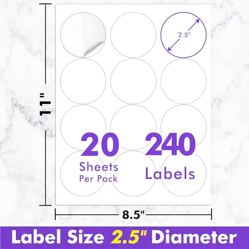 Koala Round Labels 2.5 Inch, Glossy Waterproof Printable Circle Stickers for Inkjet and Laser Printer, 240 Circle Labels for Brand Logo, Bottle, Jar