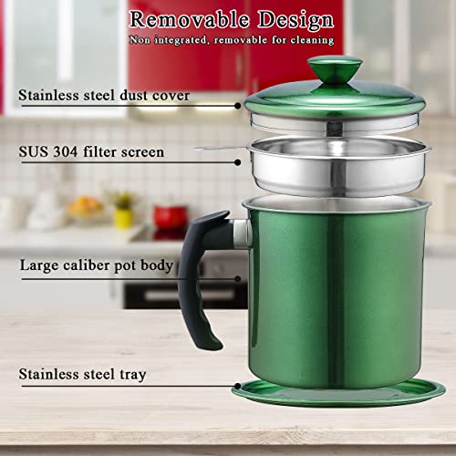 Kyraton Bacon Grease Container With Strainer, 48 oz Metal Shining Green Coating Oil Container, Pot Fat Storage With Lid, Easy Grip Handle Suitable For Storing Frying Oil And Cooking Grease - color: 3. Metal Green
