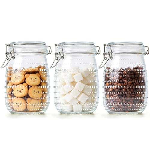 ComSaf Round Glass Jars with Airtight Lids 34 oz 3 Pack Wide Mouth Hobnail | Sugar snacks, Coffee bar Decor, Tea station, Kitchen counter display, Clear body, Kitchen storage, Pantry organization - size: 34 fl oz/3pcs