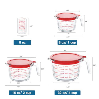KOMUEE 4 Pieces Glass Measuring Cups Set | 5 Oz, 1-Cup, 2-Cup, 4-Cup Liquid Measuring Cups with Lids for Kitchen, Freezer and Microwave Safe