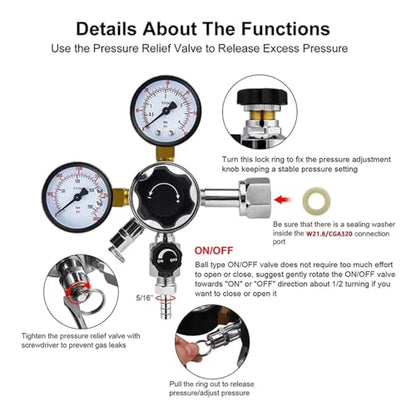 Home Brewing Co2 Regulator Beer Gas Line Kit,W21.8/CGA320 Homebrew Keg Pressure Regulator with Ball Lock Carbonated PVC Tubing Hose Wine Accessories(CGA320)