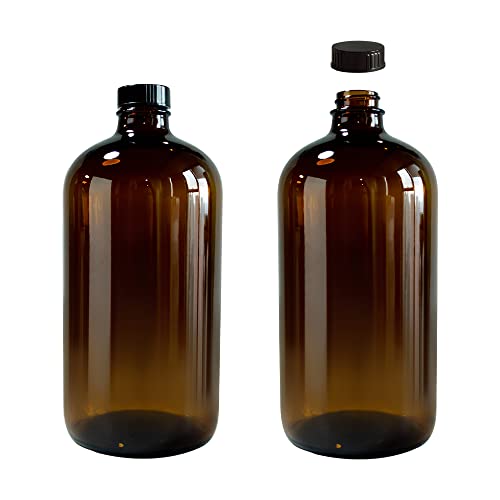 32oz 946ml Amber Boston Round Bottle with 28-400 Black Poly cone Phenolic caps, pack of 2