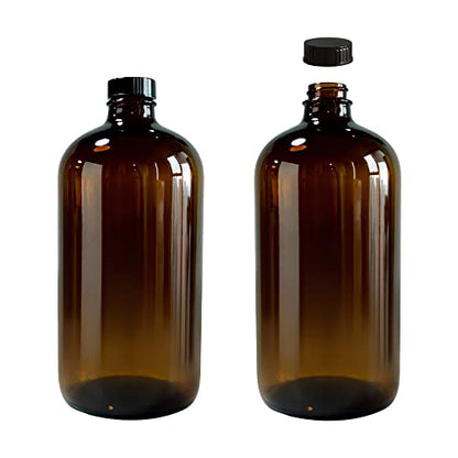 32oz 946ml Amber Boston Round Bottle with 28-400 Black Poly cone Phenolic caps, pack of 2