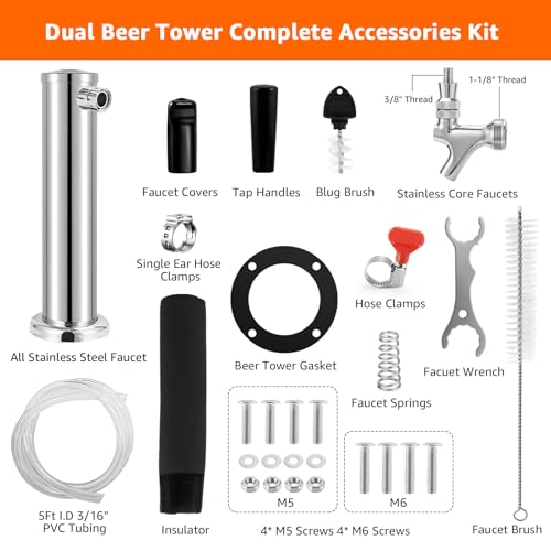 Kegerator Tower Dual Tap Beer Tower Dispenser, All Stainless Steel Beer Tap Tower Kegerator Parts, Upgraded 3" Double Tap Keg Tower with Pre-Assembled Tubing & Self-Closing Beer Faucet - size: Dual Tap Beer Tower(All Stainless Steel)
