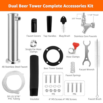 Kegerator Tower Dual Tap Beer Tower Dispenser, All Stainless Steel Beer Tap Tower Kegerator Parts, Upgraded 3" Double Tap Keg Tower with Pre-Assembled Tubing & Self-Closing Beer Faucet - size: Dual Tap Beer Tower(All Stainless Steel)